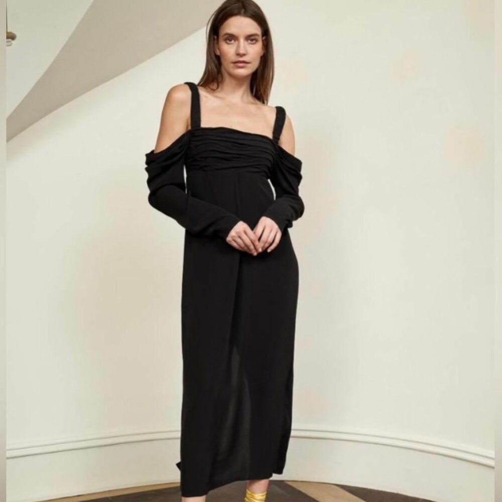 La Ligne New York Black Viscose Ruched Cold-Shoulder Midi Dress XS